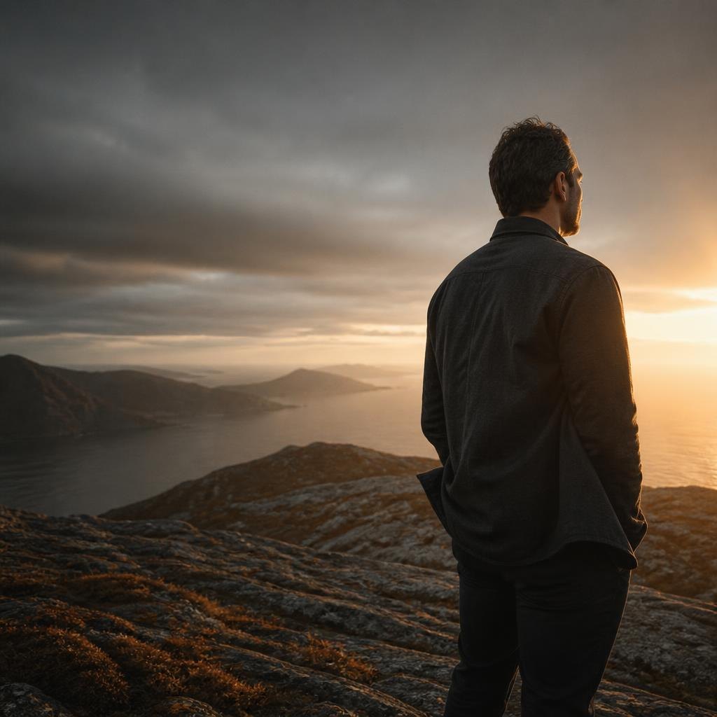 A man looking out over the sea from a mountain top at sunrise